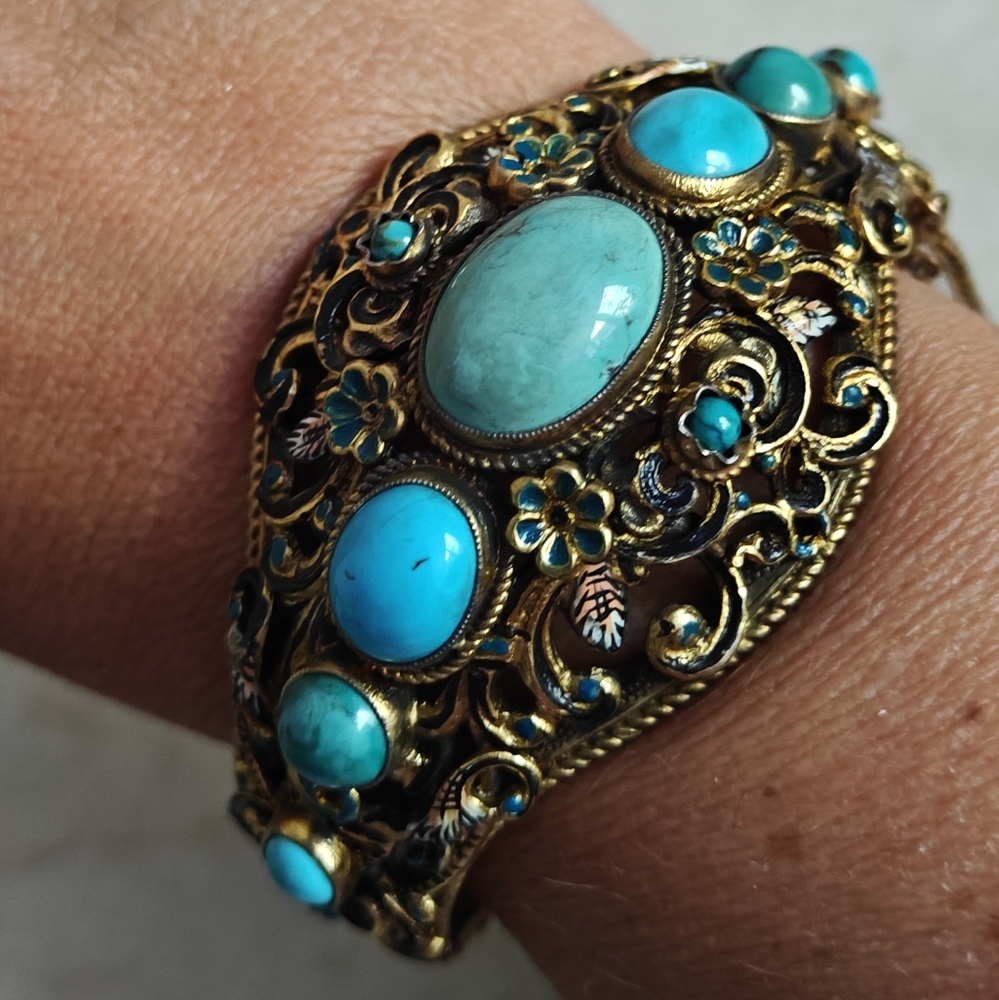 Antique Austro Hungarian Gilt Silver 925 Turquoise Bracelet